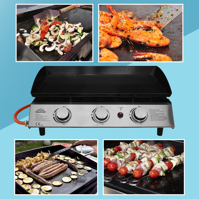 3 Burner Portable Flat Top Plancha Grill & Cover Set - Stainless Steel Camping