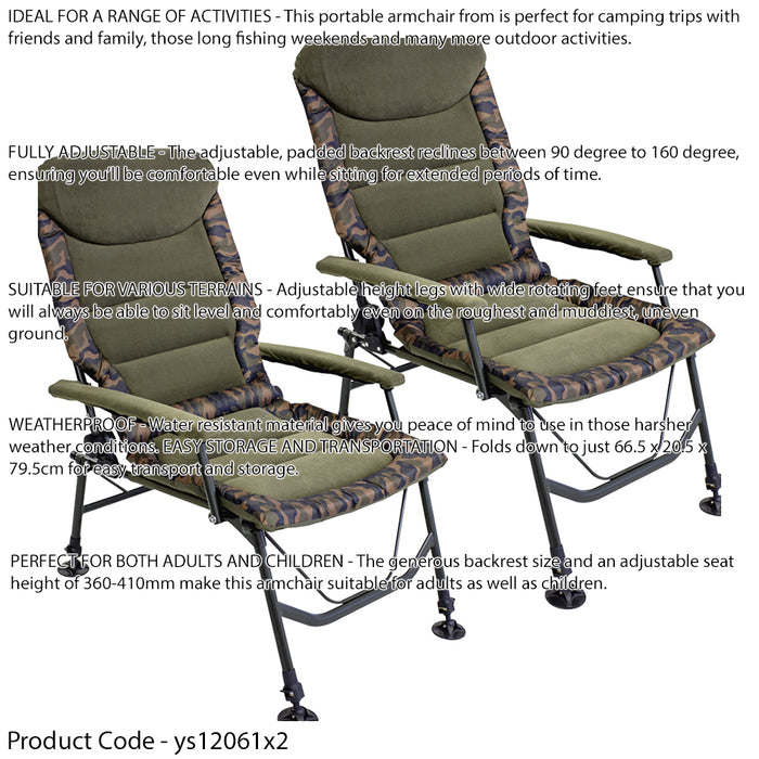 2 PACK Reclining Portable Fishing Chair Adjustable Height Uneven Terrain Seat