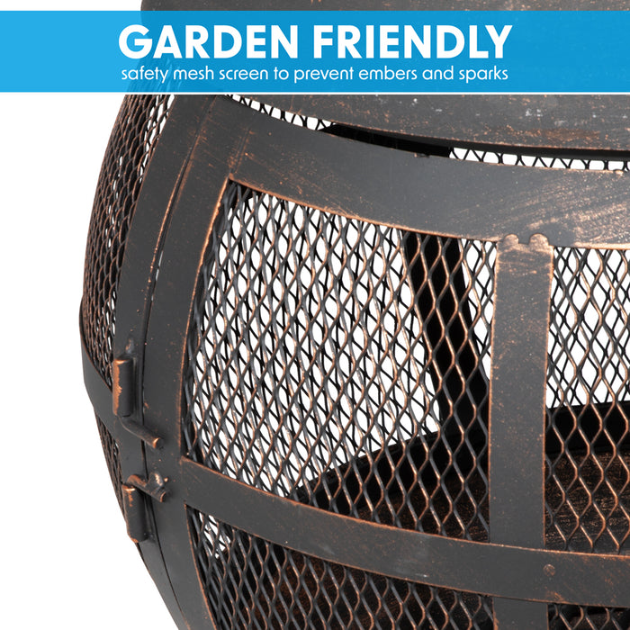 Antique Bronze 360 Degree Fire Pit Wood Burner & Cover Set - Garden Heater Mesh