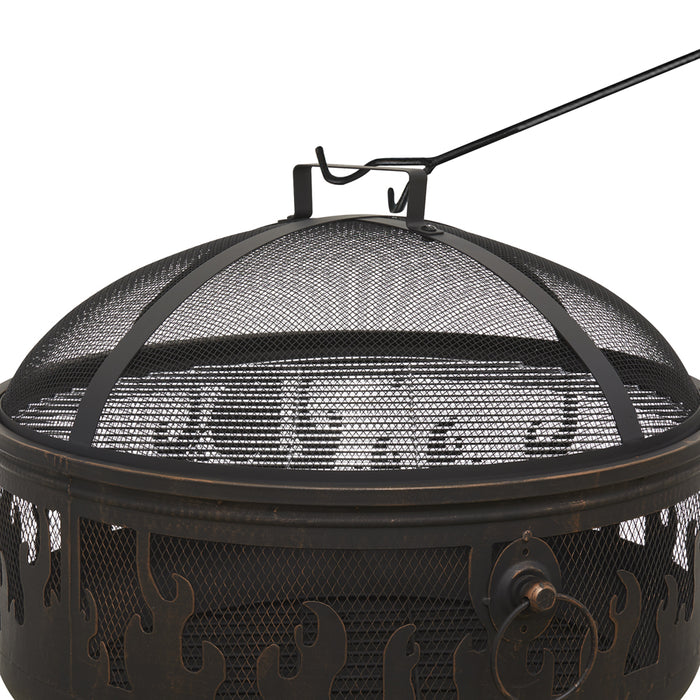 Round Fire Pit Wood Burner / BBQ Grill & Cover Set - Party Dining Garden Heater