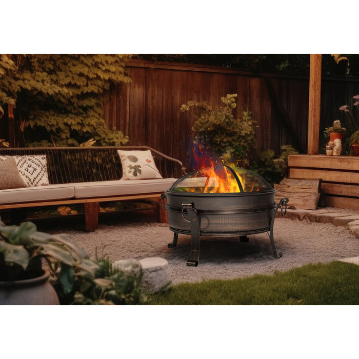 Round Fire Pit Wood Burner & Coffee Table - Party Dining Garden Heater & Mesh