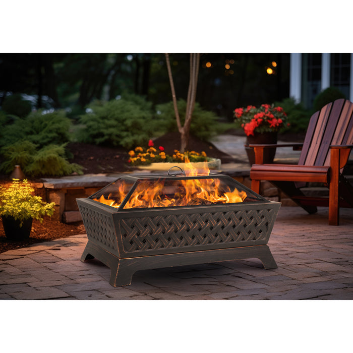 Rectangular Black Fire Pit Wood Burner - Modern Outdoor Garden Heater Mesh Lid