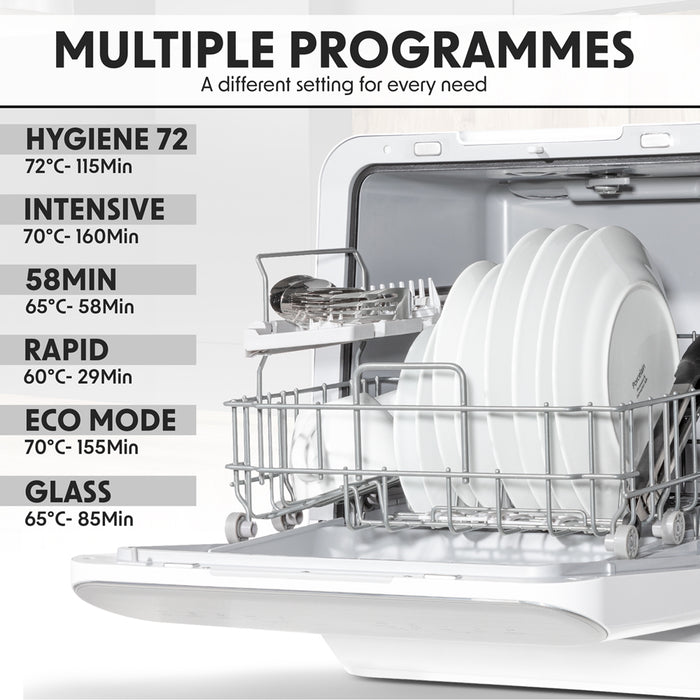 White Mini Worktop Dishwasher - 3 Place Settings - Portable Tabletop Dish Washer