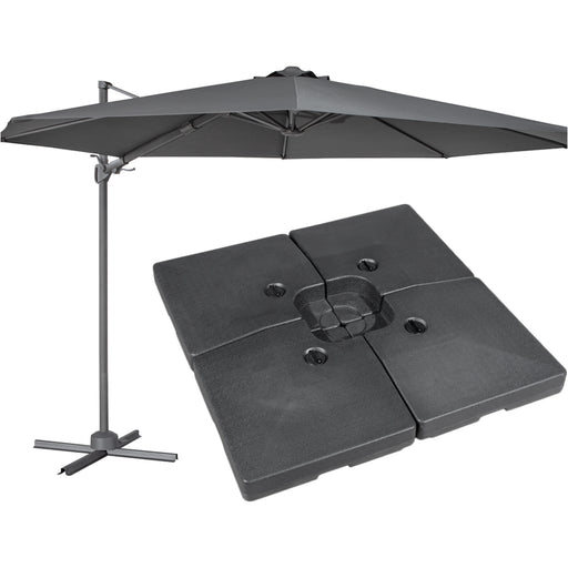 PREMIUM 3m Banana Parasol Grey & 92L Base Set Easy Tilt & Swivel Garden Umbrella