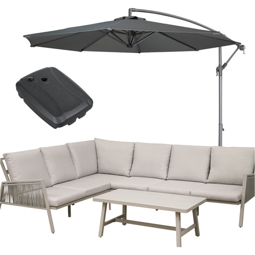 Premium 5 Seater Garden Coffee Table & Parasol Set - Grey Aluminium Corner Sofa