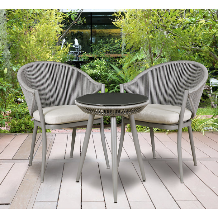 3pc Garden Bistro Set - Aluminium & Rope - Outdoor Dining Chair Round Table Grey