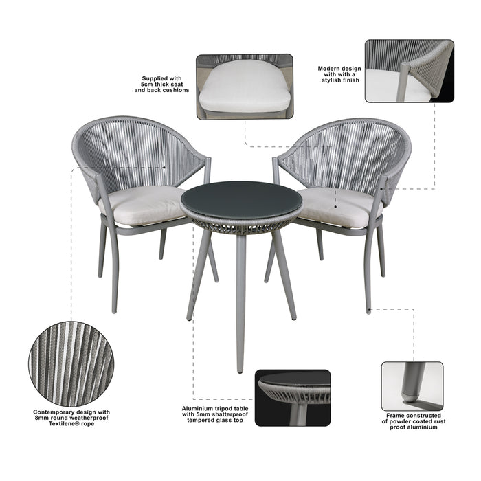 3pc Garden Bistro Set - Aluminium & Rope - Outdoor Dining Chair Round Table Grey