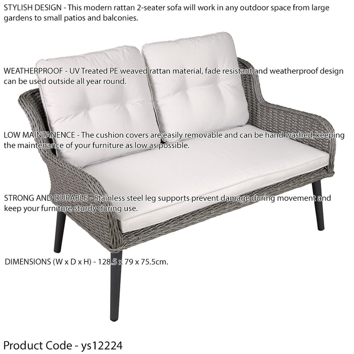 2 Seater Grey Rattan Wicker Garden Sofa & Cushions - Outdoor Dining Lounge Seat
