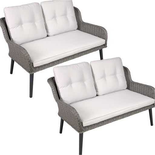 2 PACK 2 Seater Grey Rattan Wicker Garden Sofa & Cushions Outdoor Dining Lounge