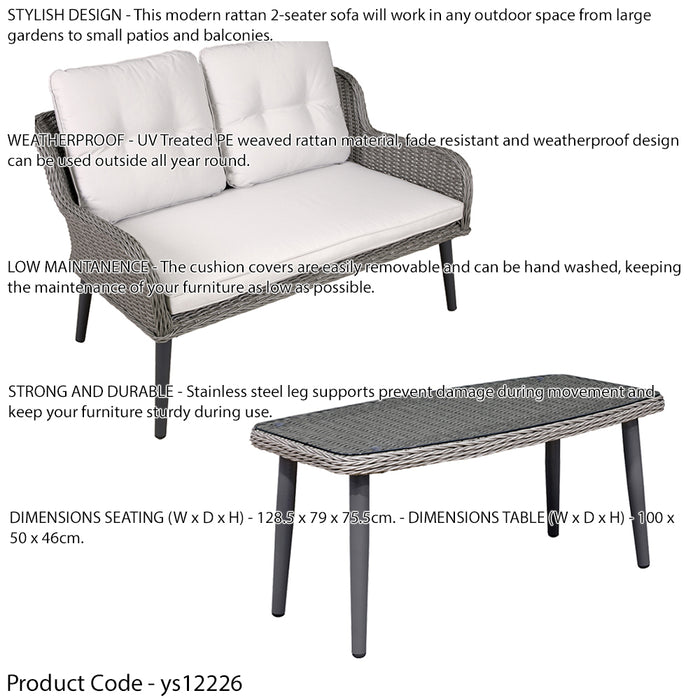 Premium 2 Seater Garden Coffee Table Set - 2pc Grey Rattan Wicker Sofa Chair