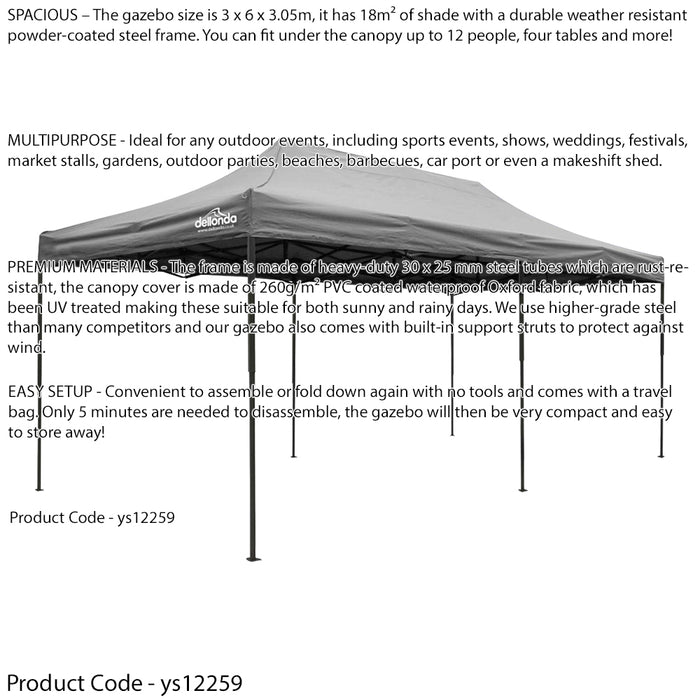 3x6m Pop-Up Gazebo & Side Walls Set GREY - Strong Outdoor Garden Pavillion Tent
