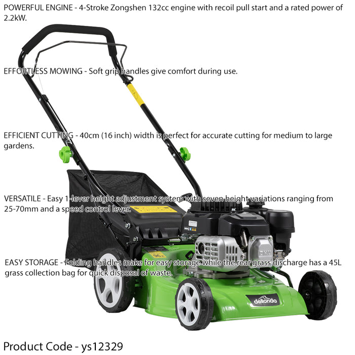 40cm 132cc 4-Stroke Petrol Lawnmower - Hand-Propelled Manual Grass Cutter Mower
