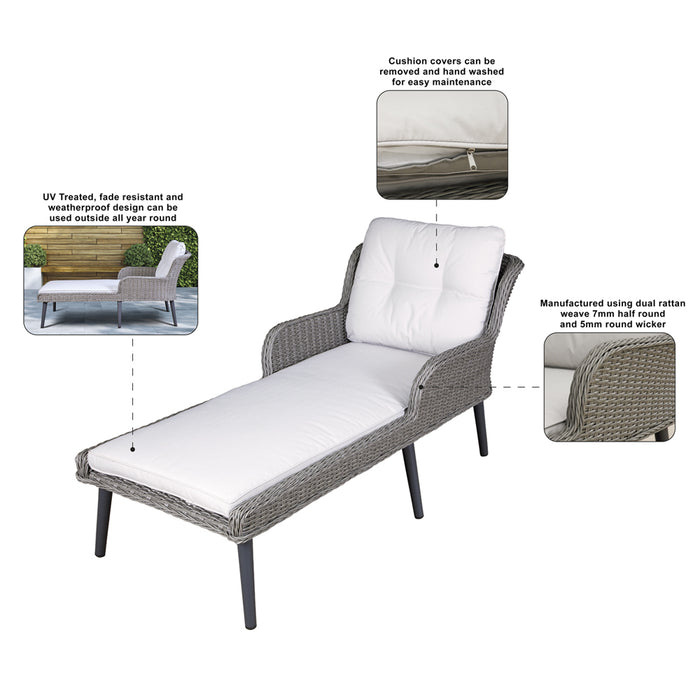 Grey Rattan Wicker Garden Sun Lounger & Cushion - Indoor & Outdoor Chaise Lounge
