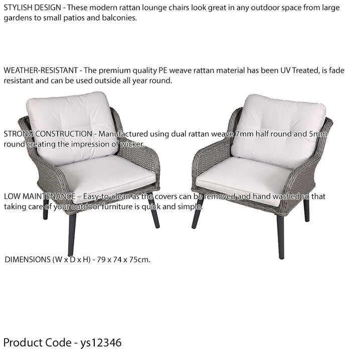 2 PACK Garden Dining Armchairs & Cushions - Grey Rattan Wicker Outdoor Seating