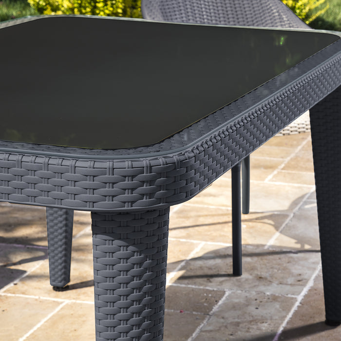 150x90cm Glass Top Outdoor Dining Table Rounded Corner Grey Garden Rattan Style