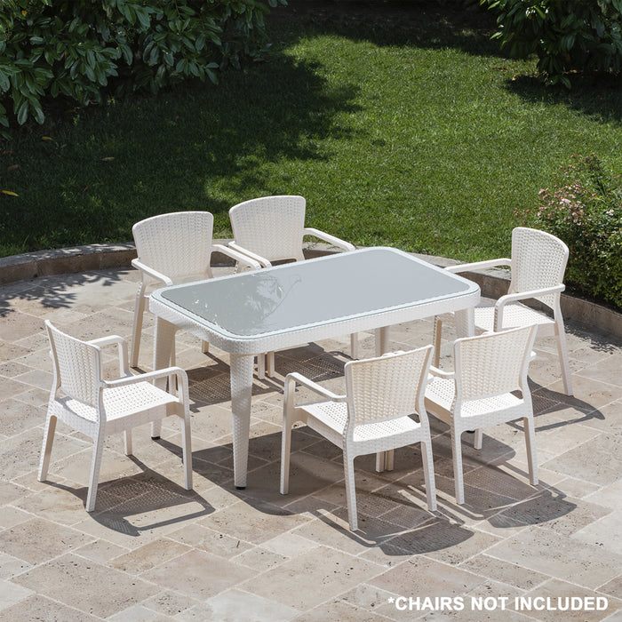 150x90cm Glass Top Outdoor Dining Table Rounded Corner White Garden Rattan Style