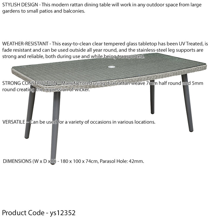 180x100cm Glass Top Outdoor Dining Table - Rattan Wicker 6 Seater Garden Parasol