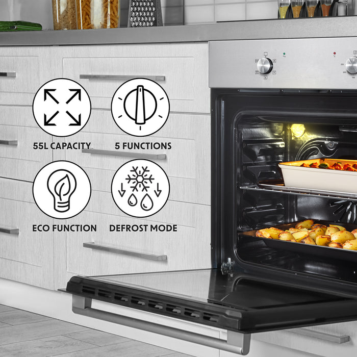 Steel 60cm Integrated Fan Assisted Electric Oven 55L Wall Mounted Built-In Grill