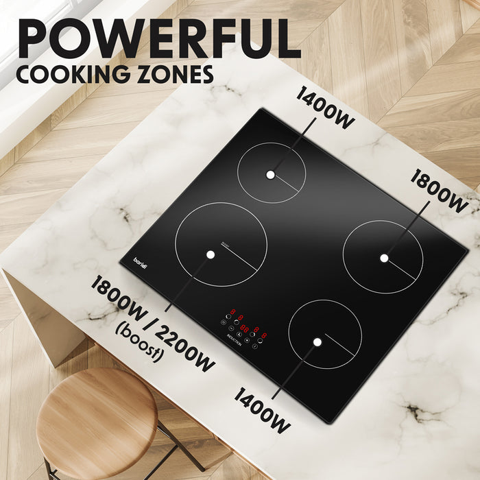 60cm 6800W 4 Zone Electric Induction Hob - Black Glass Touch Control Flush
