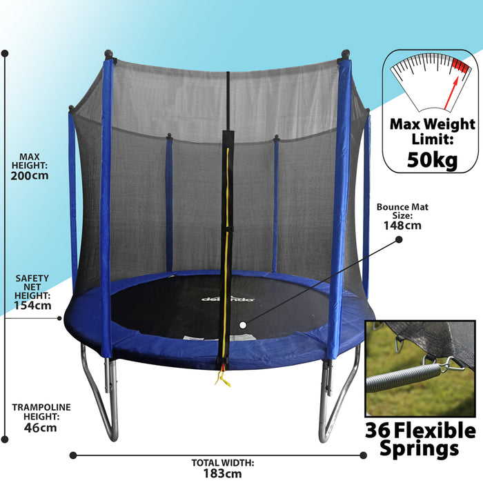 1830mm Kids 6ft Trampoline, Enclosure Net, Ladder & Anchors 50KG Max Garden Jump