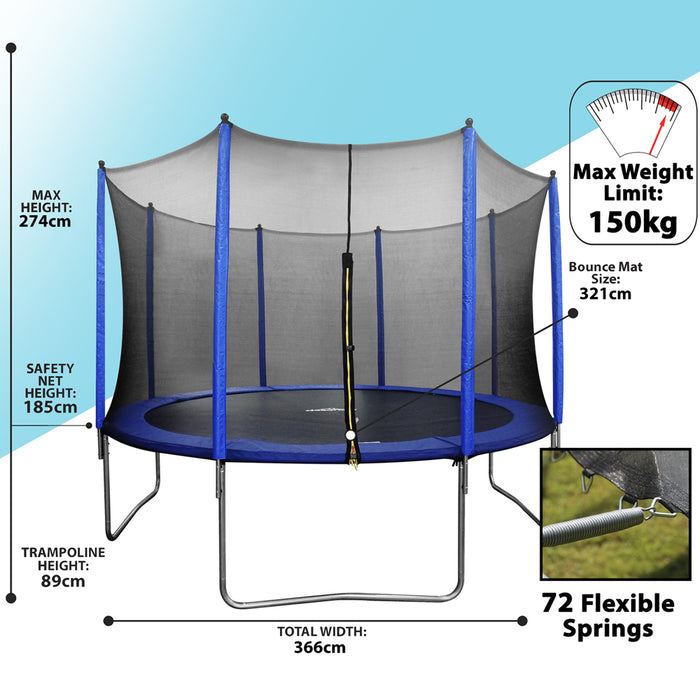 3.6m / 12ft Trampoline & Safety Enclosure Net - 150KG Max Outdoor Garden Jump