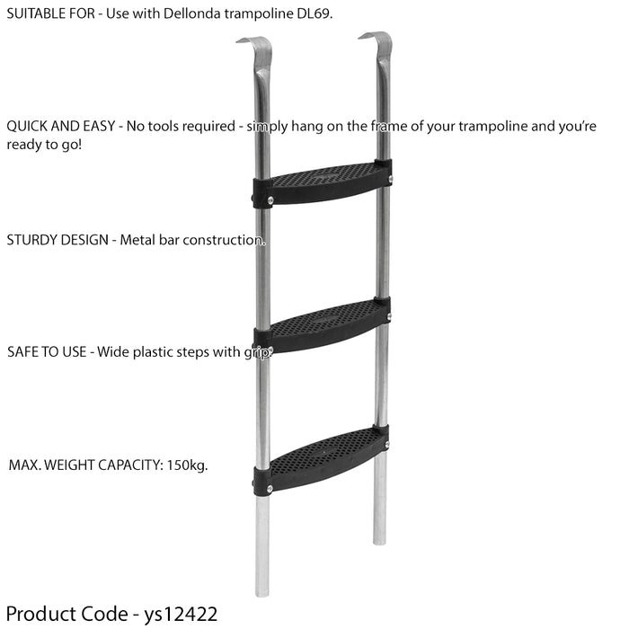 96cm Height 3 Tread Trampoline Ladder Steps - Frame Hanging Wide Grip Step 150KG