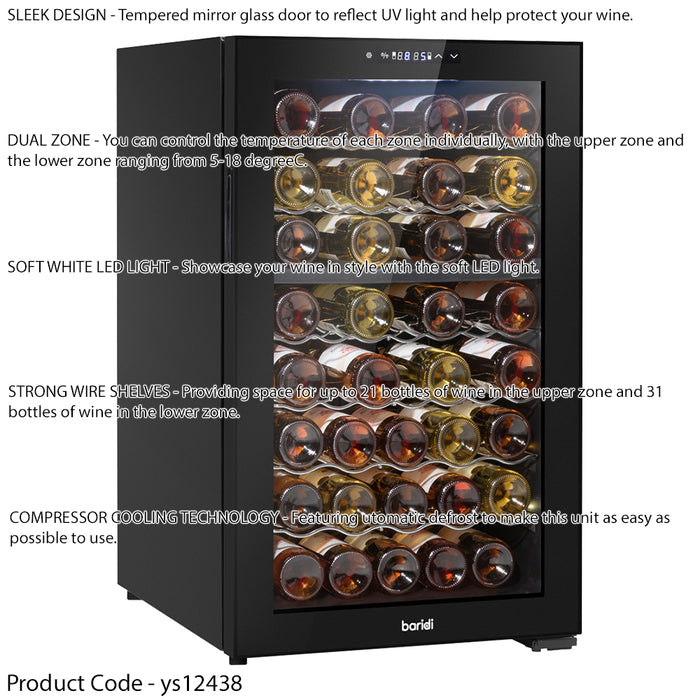 52 Bottle Dual Zone Freestanding Wine Cooler Fridge - LED Backlit BLACK & GLASS