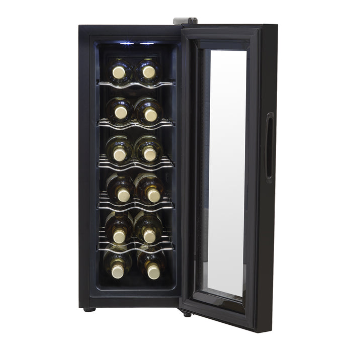 12 Bottle Freestanding Wine Cooler Fridge LED Backlit Metal Shelf BLACK & GLASS