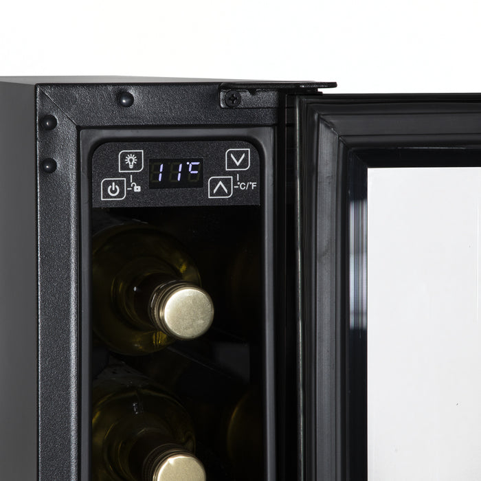 7 Bottle 15cm SLIM Wine Cooler Fridge LED Backlit Metal Shelf BLACK & GLASS