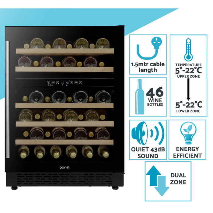 46 Bottle Freestanding Wine Cellar Cooler Fridge & Wood Shelves - BLACK & GLASS