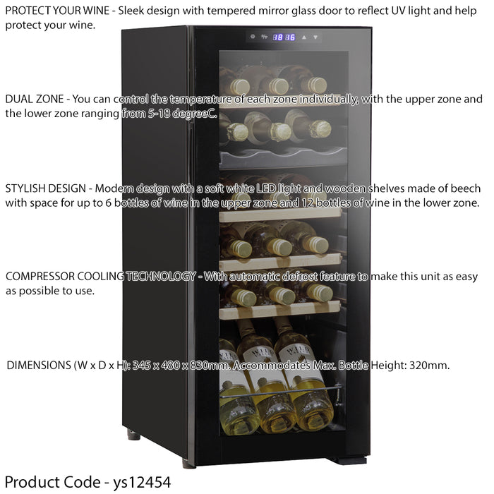 18 Bottle Dual Zone Freestanding Wine Cooler Fridge - LED Backlit BLACK & GLASS