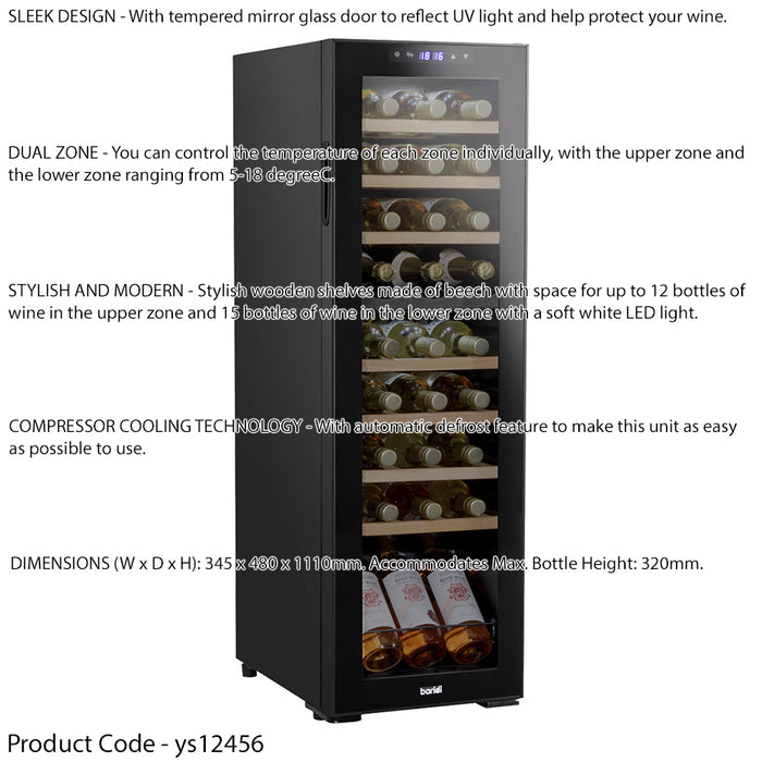 27 Bottle Dual Zone Freestanding Wine Cooler Fridge - LED Backlit BLACK & GLASS