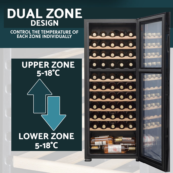 55 Bottle Dual Zone Freestanding Wine Cooler Fridge - LED Backlit BLACK & GLASS
