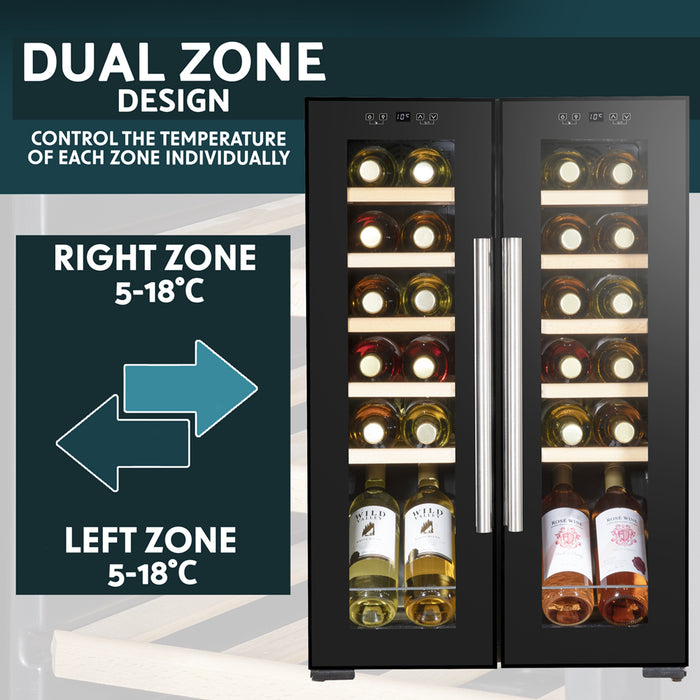 24 Bottle Dual Zone Freestanding Wine Cooler Fridge - LED Backlit BLACK & GLASS