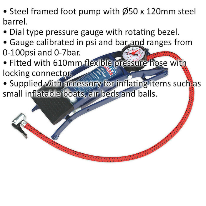 0-100psi Single Barrel Air Foot Pump - Car Tyres Inflatables Football Bicycle Loops