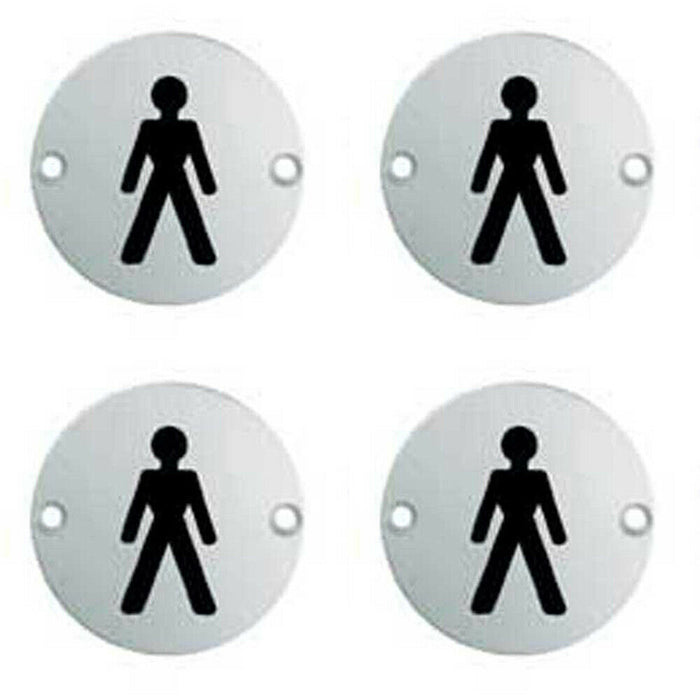 4x Bathroom Door Male Symbol Sign 64mm Fixing Centres 76mm Dia Polished Steel Loops