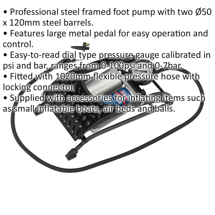 0-100psi Large Pedal Double Barrel Air Foot Pump - Car Tyres Inflatables Bicycle Loops