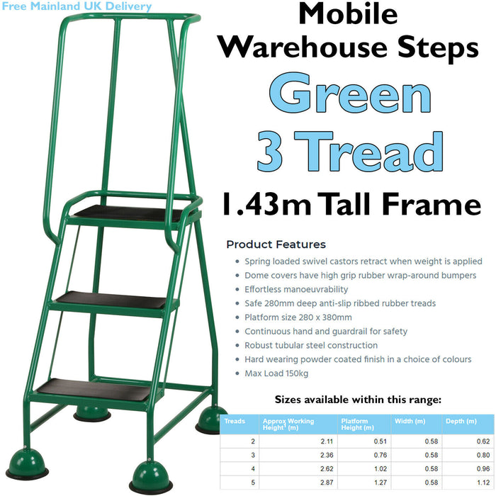 3 Tread Mobile Warehouse Steps -GREEN- 1.43m Portable Safety Ladder & Wheels Loops