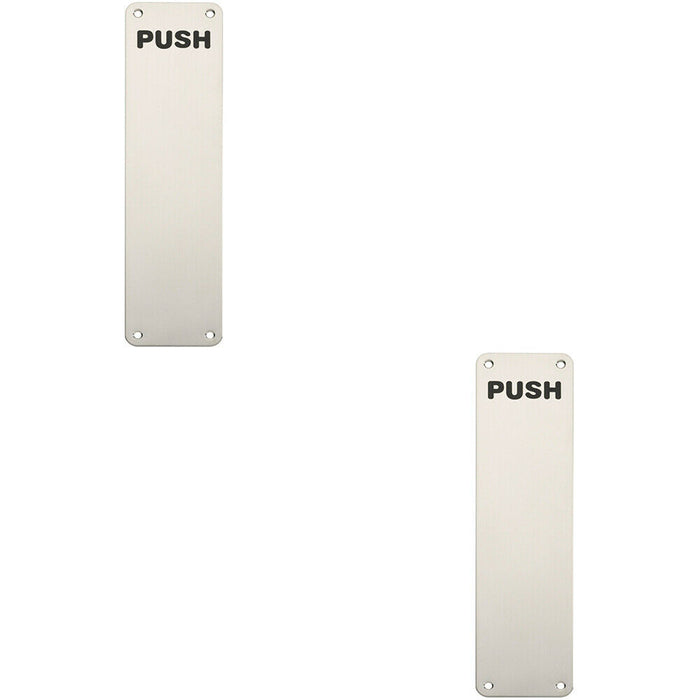2x Push Engraved Door Finger Plate 300 x 75mm Bright Stainless Steel Push Plate Loops