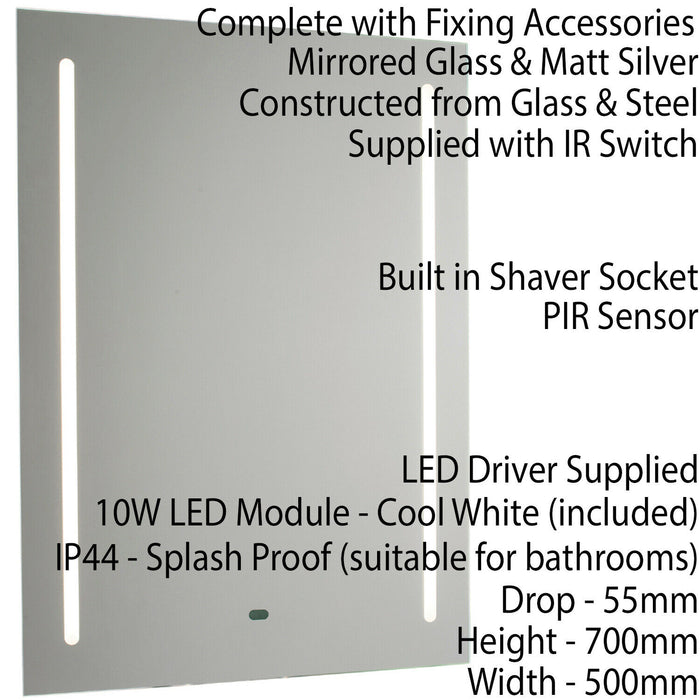 IP44 LED Bathroom Mirror 70cm x 50cm Vanity Light IR Switch & Dual Shaver Socket Loops