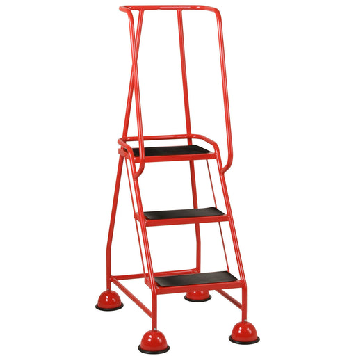 3 Tread Mobile Warehouse Steps RED 1.43m Portable Safety Ladder & Wheels Loops