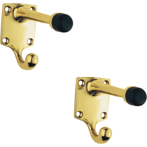 2x One Piece Hat & Coat Hook with Rubber Buffer 88mm Projection Polished Brass Loops