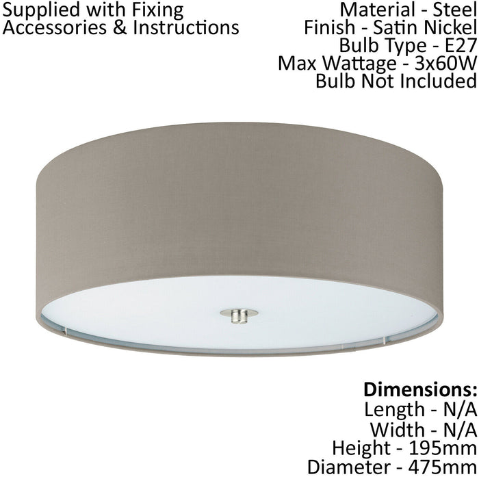 Low Ceiling Light & 2x Matching Wall Lights Taupe Fabric Round Shade Lamp Loops