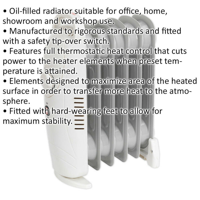 800W 6 Element Mini Oil-Filled Radiator - Thermostat Control - Auto Shut Off Loops