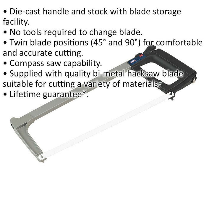 300mm Professional Hacksaw - Blade Storage & Die-Cast Handle - Bi-Metal Blade Loops
