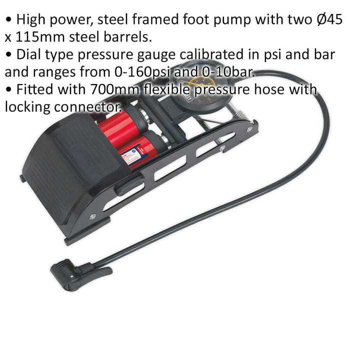 0-160psi Large Pedal Double Barrel Air Foot Pump - Car Tyres Inflatables Bicycle Loops
