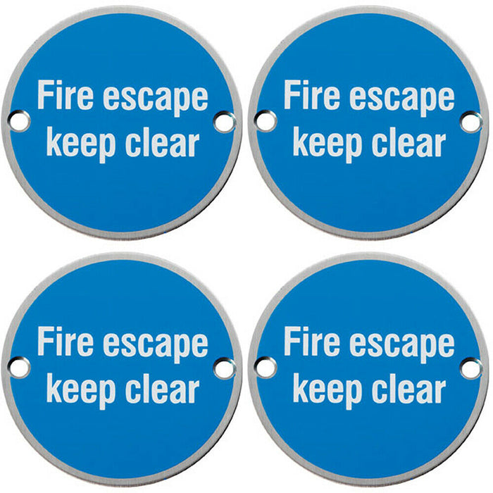 4x Fire Door Keep Clear Sign 64mm Fixing Centres 76mm Dia Satin Steel Loops