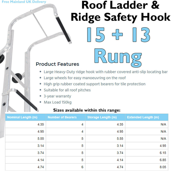15 + 13 Rung Roof Ladder & Ridge Safety Hook Double Section 6.7m MAX Grip Steps Loops