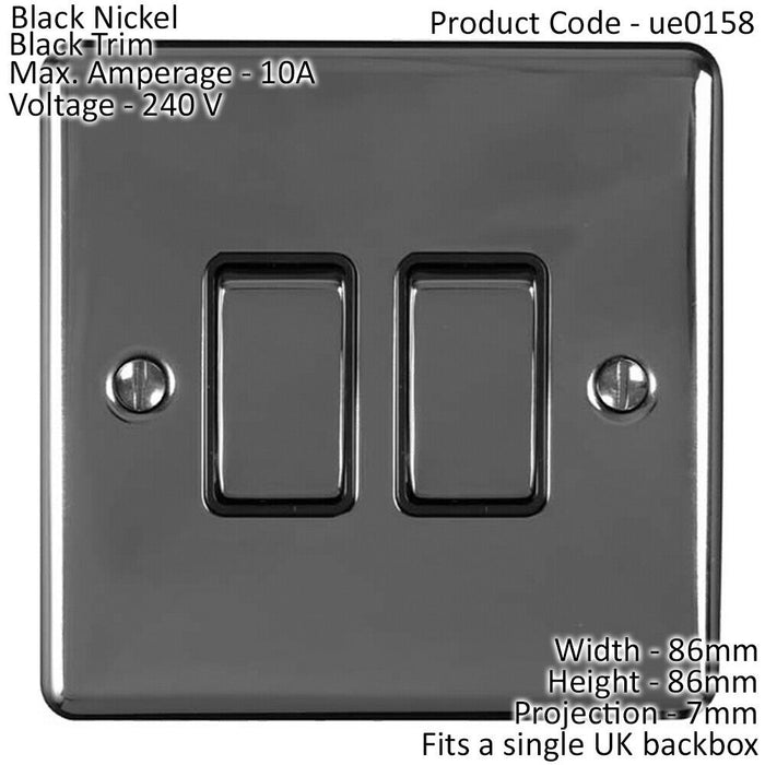 2 Gang Double Light Switch BLACK NICKEL 2 Way 10A Black Trim & Metal Rocker Loops