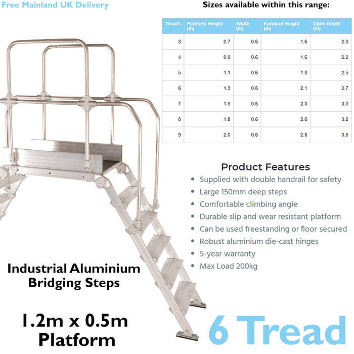 6 Tread Industrial Bridging Steps & Handle Crossover Ladder 1.2m x 0.5m Platform Loops